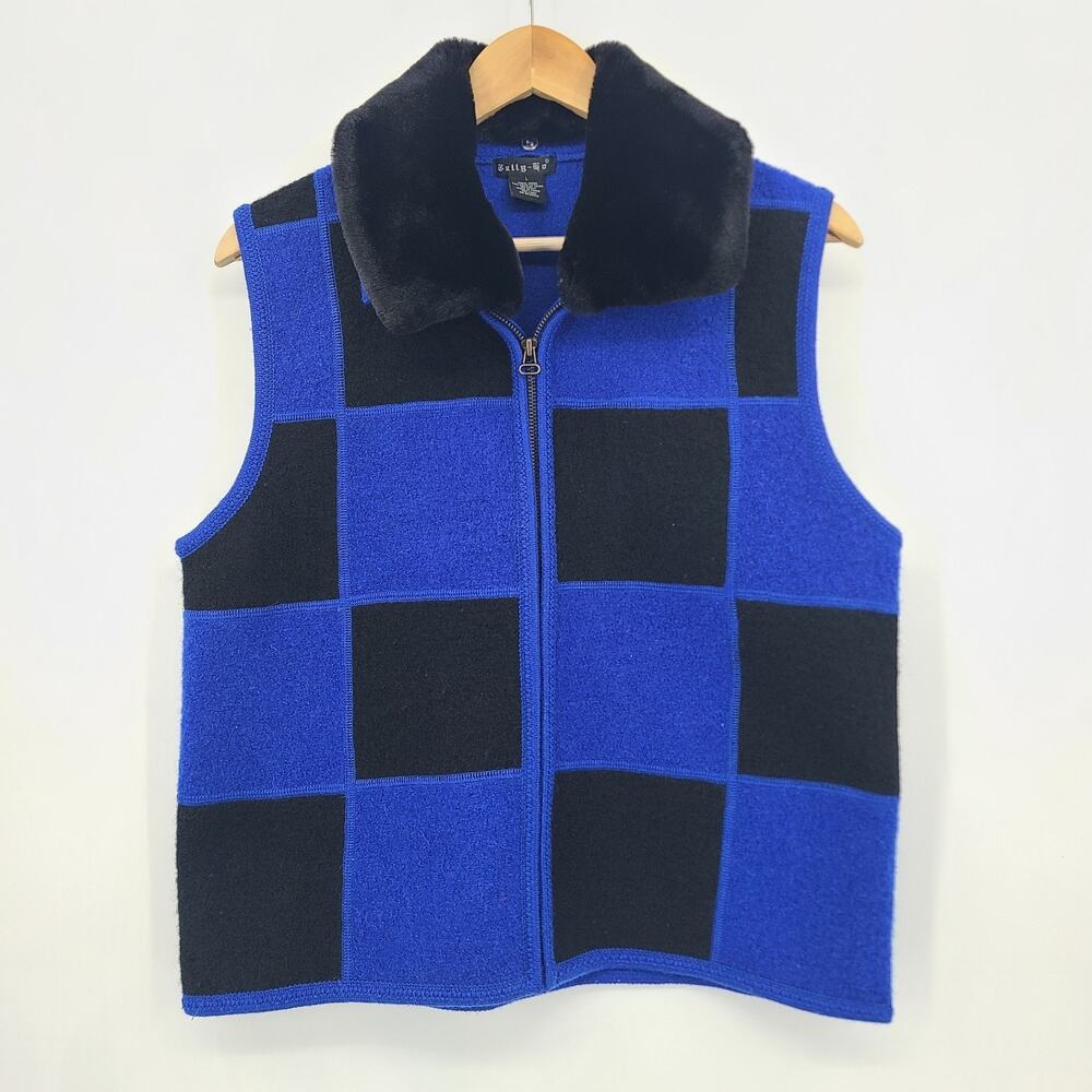 Tally Ho Boiled Wool Removable Faux Fur Collar Zip Vest Checkered Retro Size L
